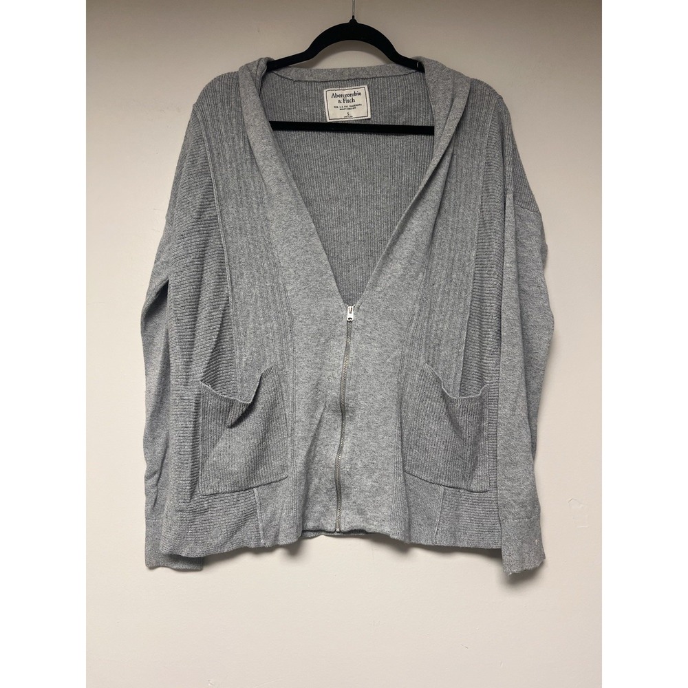 Abercrombie & Fitch Hooded Cardigan Women‎ Small Gray Good Full Zip Ribbed Knit